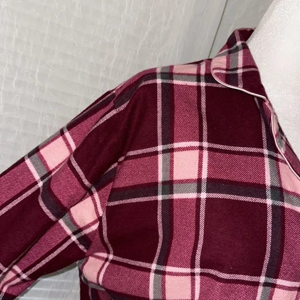 Erxeelo 12-14 Burgundy Pink Plaid Flannel 💯Cotton Pajama Sleep Long Sl Shirt